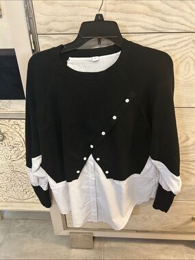 Two-Tone Layered Black Knit Sweater with White Shirt Hem